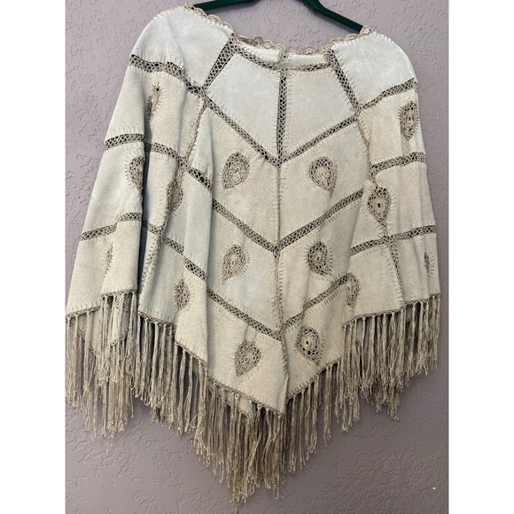VTG 90s Newport News Women NWT Suede Leather Poncho Cape Jacket Crochet Fringe